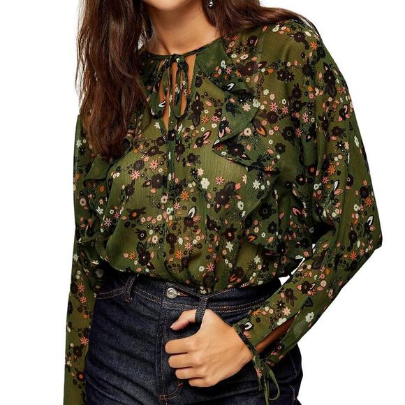 Nordstrom Topshop Floral Sheer Green Ruffle Top Blouse Size 4 Small - Picture 1 of 7
